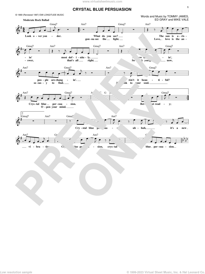 Crystal Blue Persuasion sheet music for voice and other instruments (fake book) by Tommy James & The Shondells, Ed Gray and Mike Vale, intermediate skill level