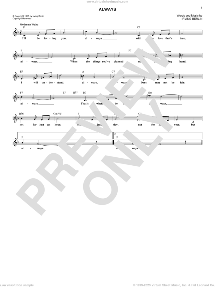 Always sheet music for voice and other instruments (fake book) by Irving Berlin, Billie Holiday, Frank Sinatra and Patsy Cline, wedding score, intermediate skill level