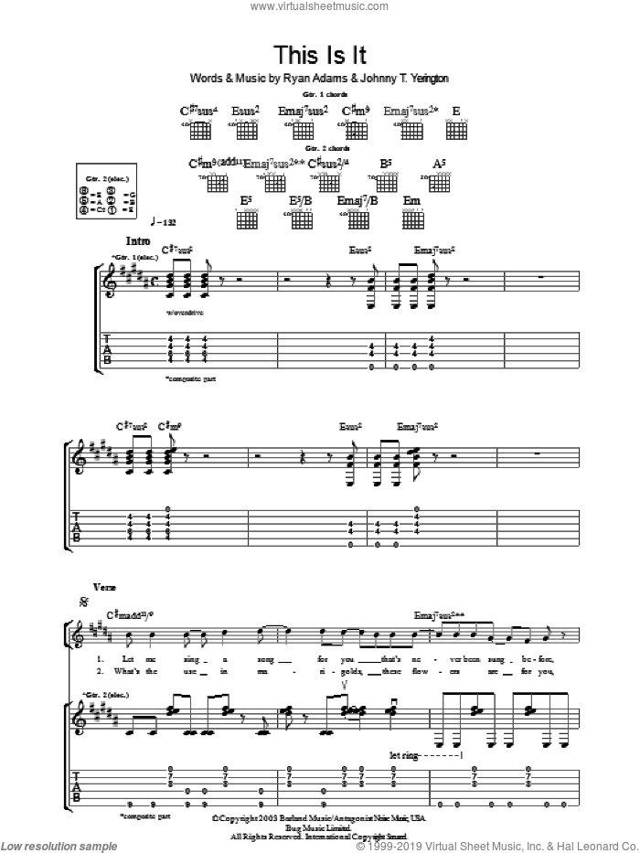 This Is It sheet music for guitar (tablature) by Ryan Adams and Johnny T. Yerington, intermediate skill level