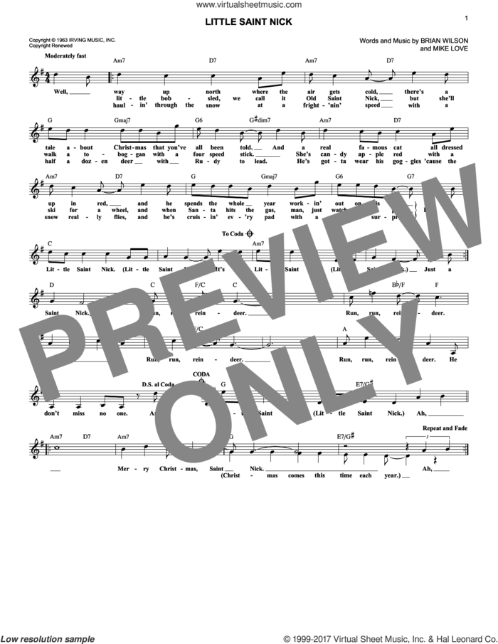 Little Saint Nick sheet music for voice and other instruments (fake book) by The Beach Boys, Brian Wilson and Mike Love, intermediate skill level