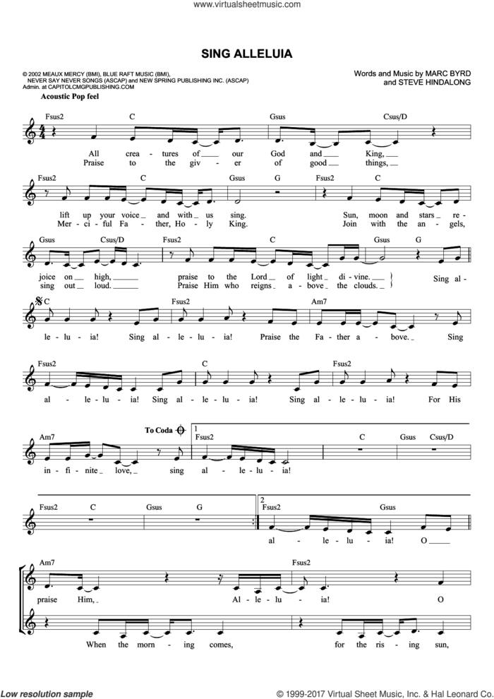 Sing Alleluia sheet music for voice and other instruments (fake book) by Marc Byrd and Steve Hindalong, intermediate skill level