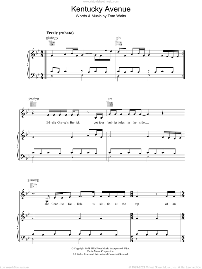 Kentucky Avenue sheet music for voice, piano or guitar by Tom Waits, intermediate skill level
