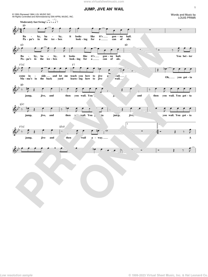 Jump, Jive An' Wail sheet music for voice and other instruments (fake book) by Louis Prima and Brian Setzer, intermediate skill level