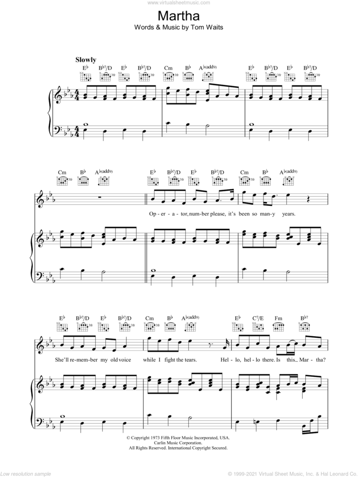 Martha sheet music for voice, piano or guitar by Tom Waits, intermediate skill level