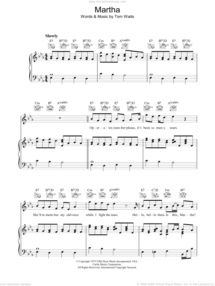 Martha sheet music for voice, piano or guitar by Tom Waits, intermediate skill level