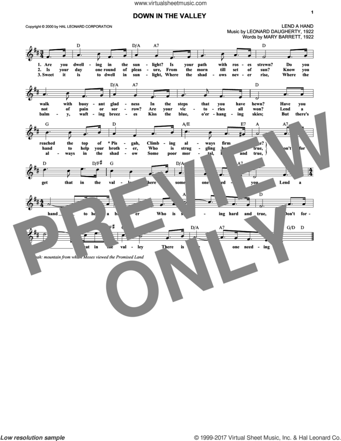 Down In The Valley sheet music for voice and other instruments (fake book) by Leonard Daugherty and Mary Barrett, intermediate skill level