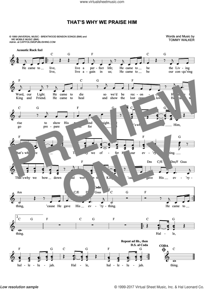 That's Why We Praise Him sheet music for voice and other instruments (fake book) by Tommy Walker, intermediate skill level