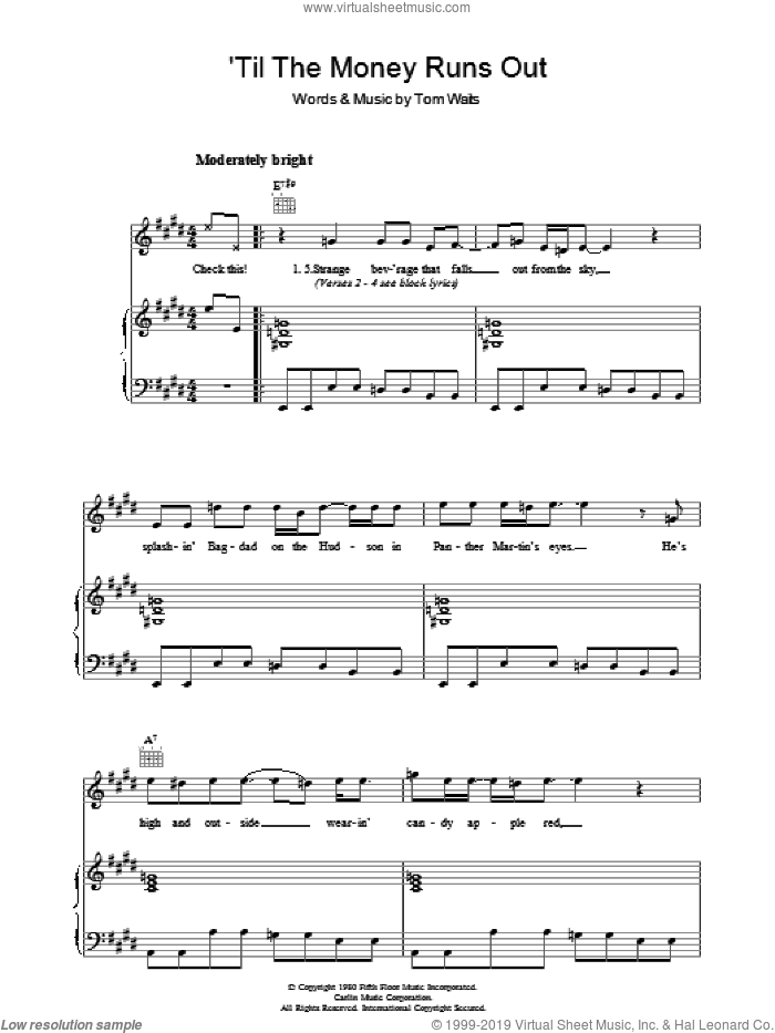 'Til The Money Runs Out sheet music for voice, piano or guitar by Tom Waits, intermediate skill level