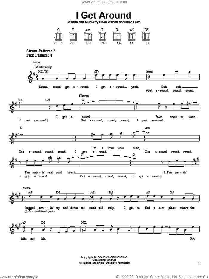 I Get Around sheet music for guitar solo (chords) by The Beach Boys, Brian Wilson and Mike Love, easy guitar (chords)
