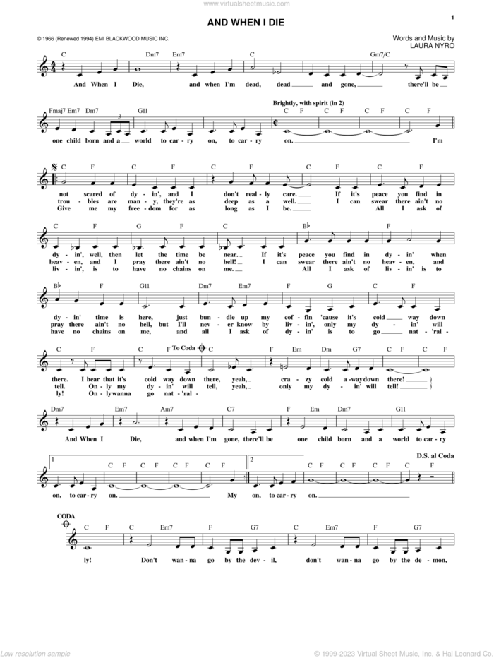 And When I Die sheet music for voice and other instruments (fake book) by Peter, Paul & Mary, Blood, Sweat & Tears and Laura Nyro, intermediate skill level