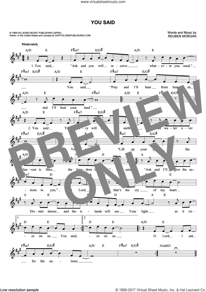 You Said sheet music for voice and other instruments (fake book) by Reuben Morgan and Hillsong, intermediate skill level
