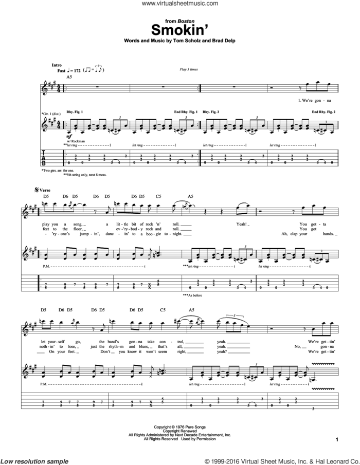 Smokin' sheet music for guitar (tablature) by Boston, Brad Delp and Tom Scholz, intermediate skill level