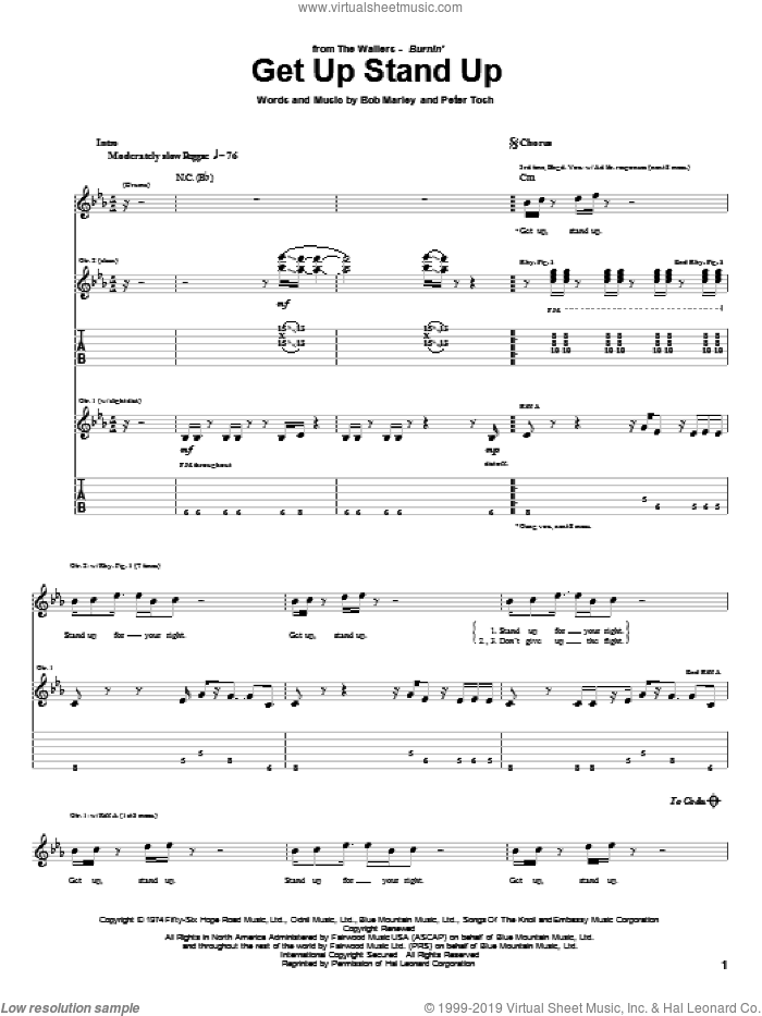 Get Up Stand Up sheet music for guitar (tablature) by Bob Marley and Peter Tosh, intermediate skill level