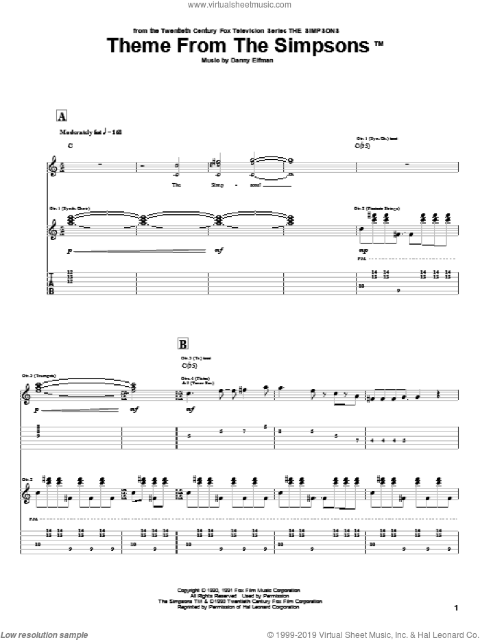 Theme From The Simpsons sheet music for guitar (tablature) by Danny Elfman and The Simpsons, intermediate skill level