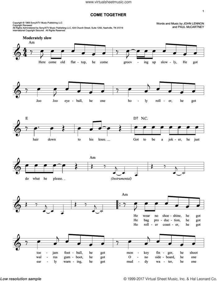 Come Together sheet music for voice and other instruments (fake book) by The Beatles, John Lennon and Paul McCartney, easy skill level