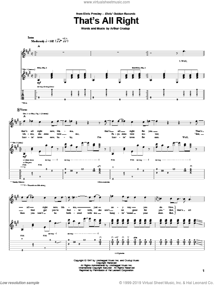 That's All Right sheet music for guitar (tablature) by Elvis Presley, Johnny Cash, The Beatles and Arthur Crudup, intermediate skill level