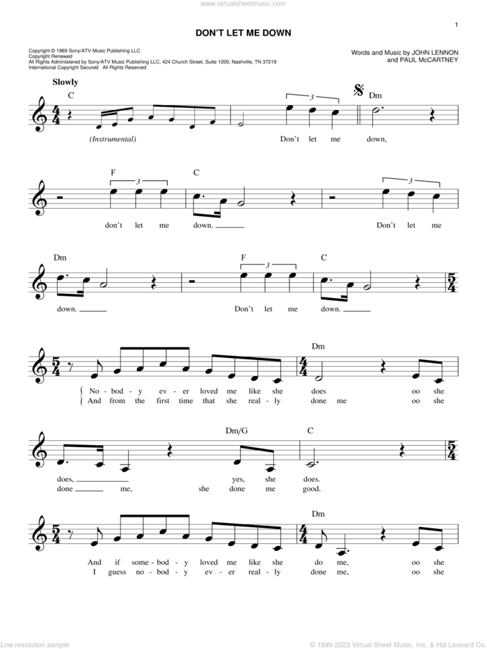 Don't Let Me Down sheet music for voice and other instruments (fake book) by The Beatles, John Lennon and Paul McCartney, easy skill level