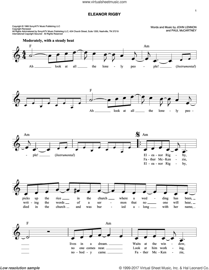 Eleanor Rigby sheet music for voice and other instruments (fake book) by The Beatles, John Lennon and Paul McCartney, easy skill level