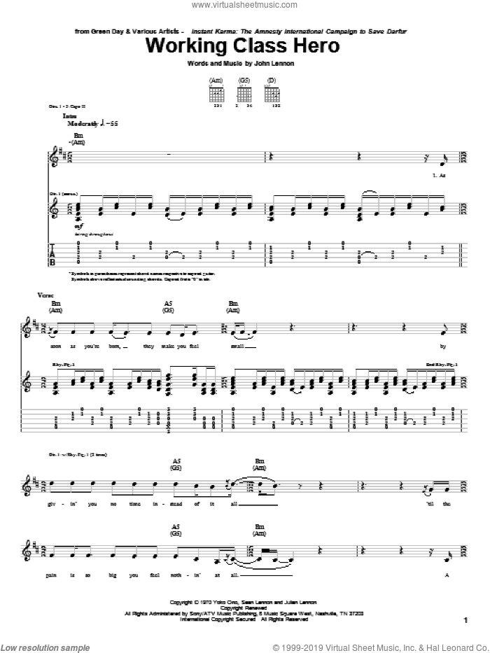 Working Class Hero sheet music for guitar (tablature) by Green Day and John Lennon, intermediate skill level