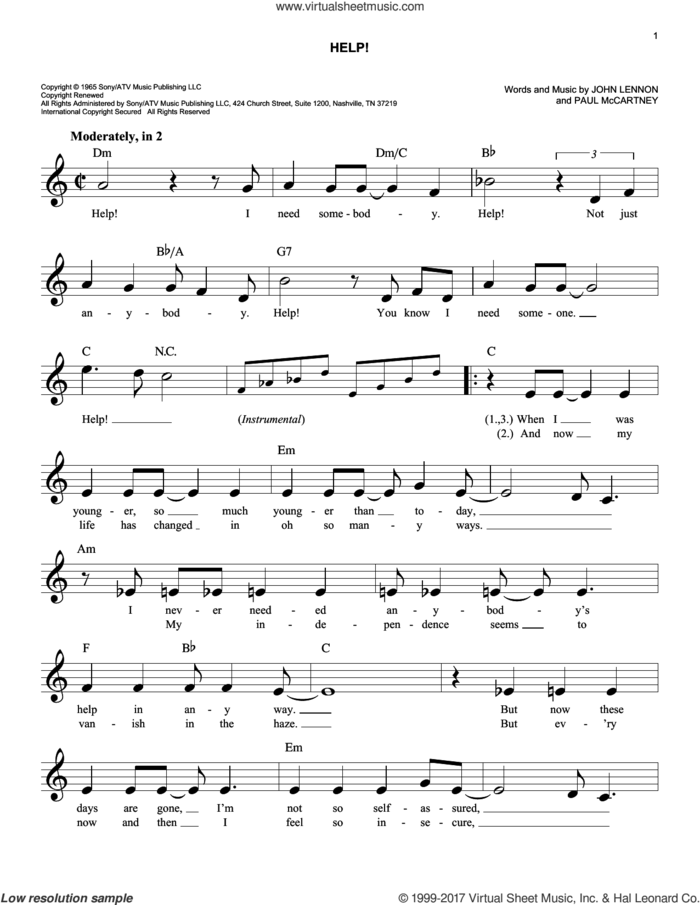 Help! sheet music for voice and other instruments (fake book) by The Beatles, John Lennon and Paul McCartney, easy skill level