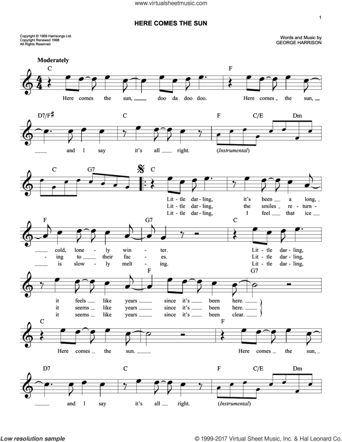 Here Comes The Sun sheet music for voice and other instruments (fake book) by The Beatles and George Harrison, easy skill level