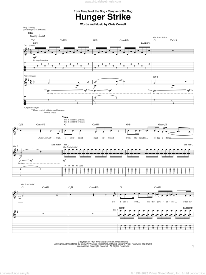 Hunger Strike sheet music for guitar (tablature) by Temple Of The Dog, Pearl Jam and Chris Cornell, intermediate skill level