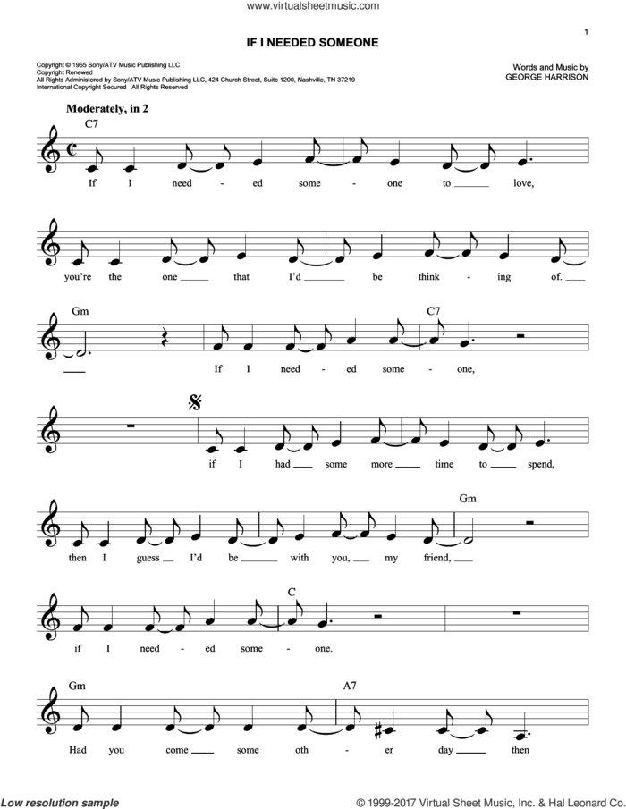 If I Needed Someone sheet music for voice and other instruments (fake book) by The Beatles and George Harrison, easy skill level