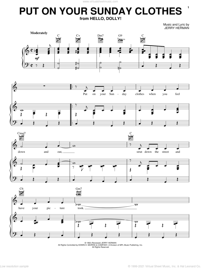 Put On Your Sunday Clothes sheet music for voice, piano or guitar by Jerry Herman and Hello, Dolly! (Musical), intermediate skill level