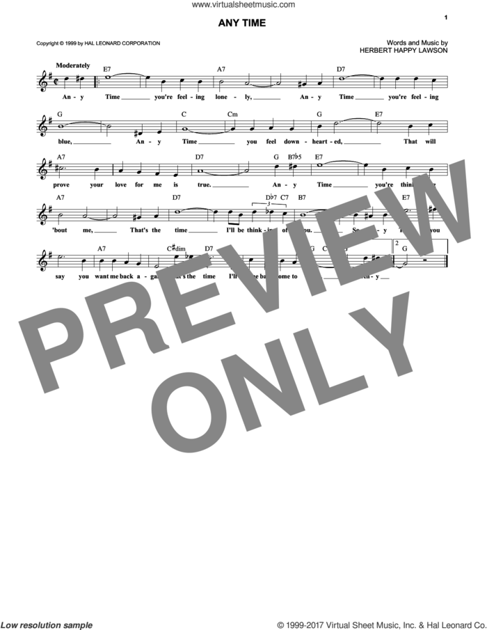 Any Time sheet music for voice and other instruments (fake book) by Herbert Happy Lawson and Eddy Arnold, intermediate skill level