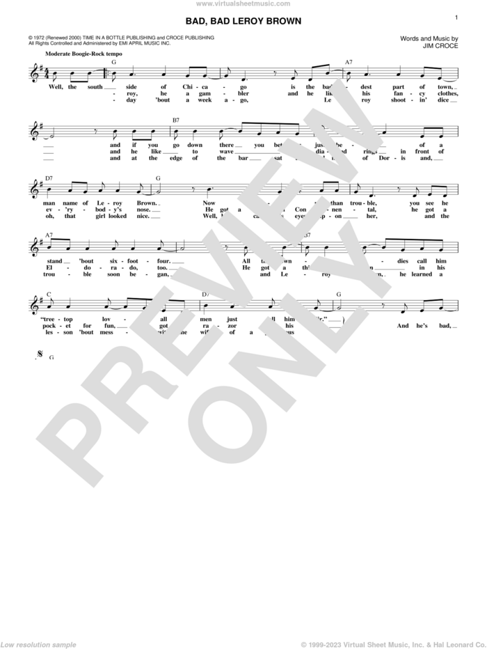 Bad, Bad Leroy Brown sheet music for voice and other instruments (fake book) by Jim Croce, intermediate skill level