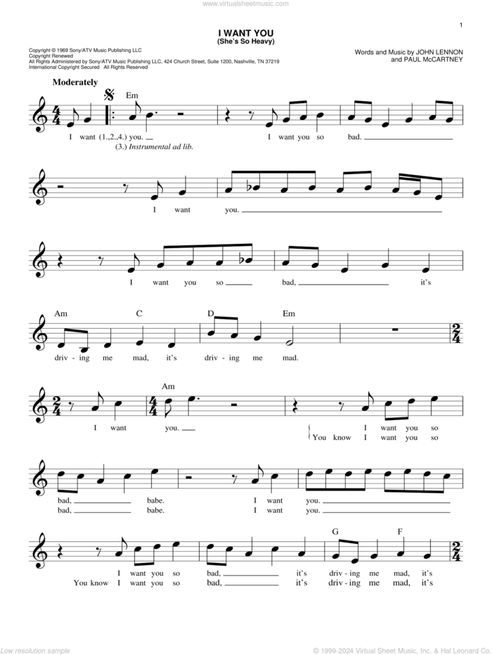 I Want You (She's So Heavy) sheet music for voice and other instruments (fake book) by The Beatles, John Lennon and Paul McCartney, easy skill level