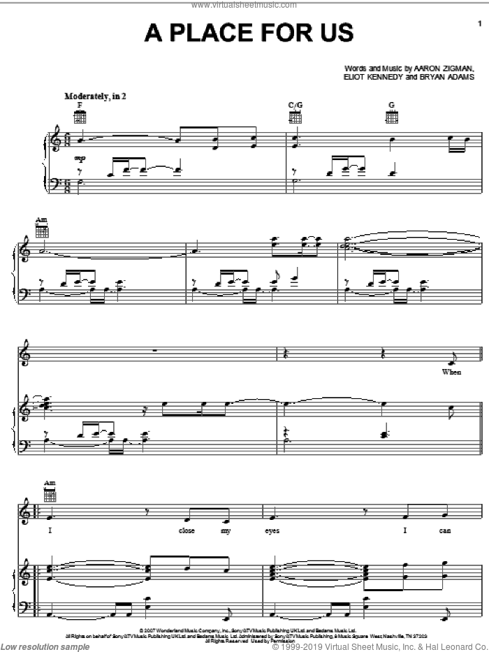 A Place For Us sheet music for voice, piano or guitar by Leigh Nash and Tyler James, Bridge To Terabithia (Movie), Aaron Zigman, Bryan Adams and Eliot Kennedy, intermediate skill level