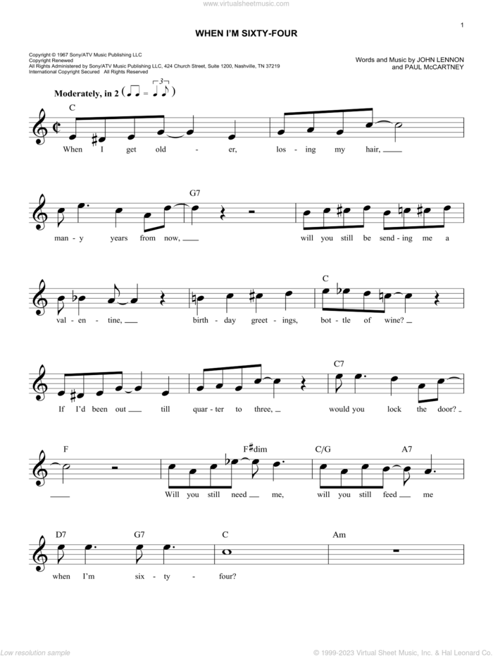 When I'm Sixty-Four sheet music for voice and other instruments (fake book) by The Beatles, John Lennon and Paul McCartney, easy skill level