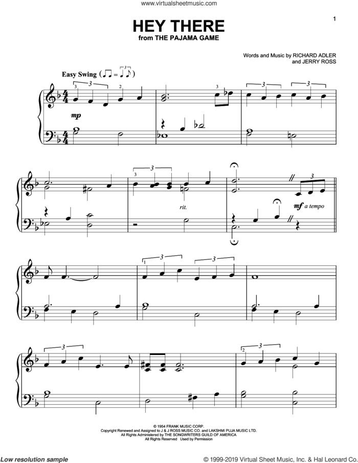 Hey There, (easy) sheet music for piano solo by Richard Adler and Jerry Ross, easy skill level