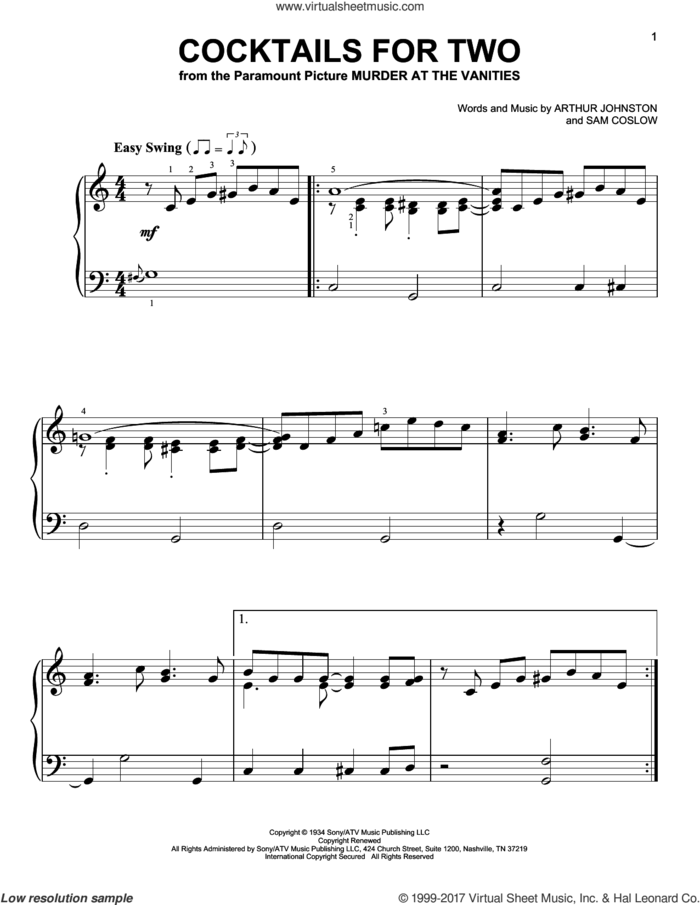 Cocktails For Two sheet music for piano solo by Arthur Johnston, Carl Brisson, Miriam Hopkins, Spike Jones & The City Slickers and Sam Coslow, easy skill level