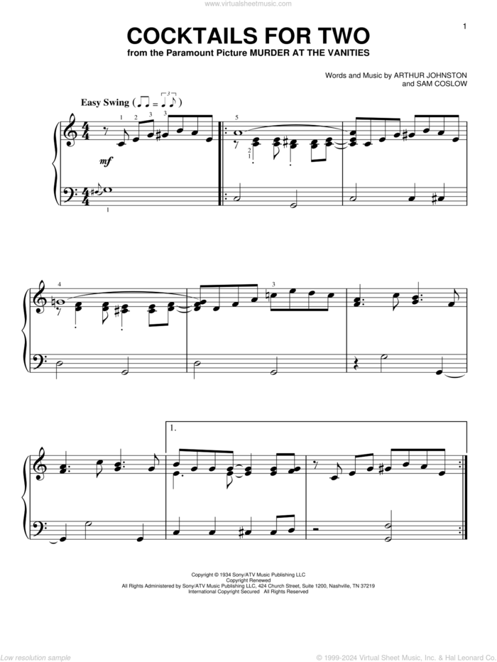 Cocktails For Two sheet music for piano solo by Arthur Johnston, Carl Brisson, Miriam Hopkins, Spike Jones & The City Slickers and Sam Coslow, easy skill level