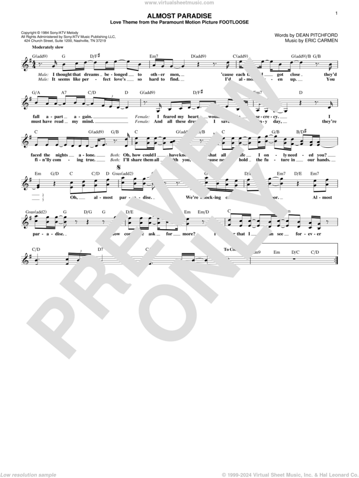 Almost Paradise sheet music for voice and other instruments (fake book) by Ann Wilson & Mike Reno, Dean Pitchford and Eric Carmen, intermediate skill level