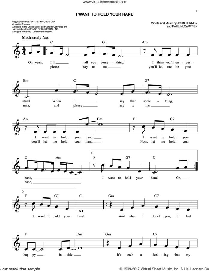 I Want To Hold Your Hand sheet music for voice and other instruments (fake book) by The Beatles, John Lennon and Paul McCartney, easy skill level