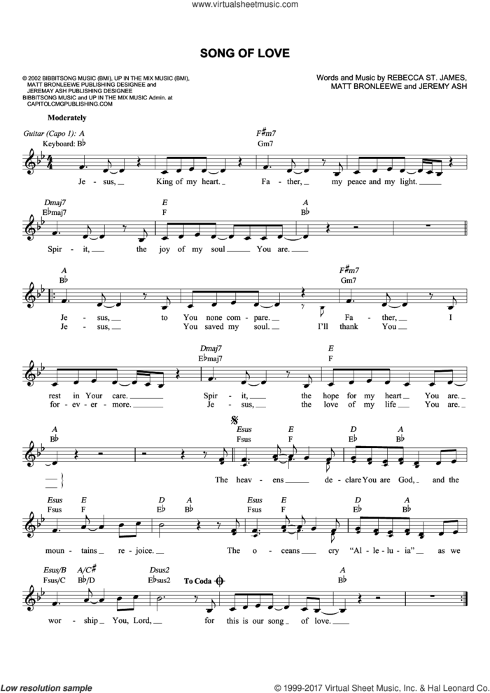 Song Of Love sheet music for voice and other instruments (fake book) by Rebecca St. James, Jeremy Ash and Matt Bronleewe, intermediate skill level