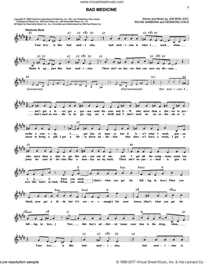 Bad Medicine sheet music for voice and other instruments (fake book) by Bon Jovi, Desmond Child and Richie Sambora, intermediate skill level