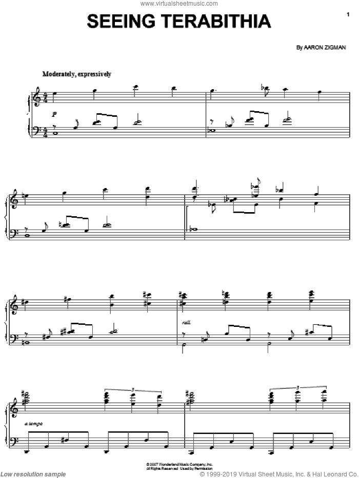 Seeing Terabithia sheet music for piano solo by Aaron Zigman and Bridge To Terabithia (Movie), intermediate skill level