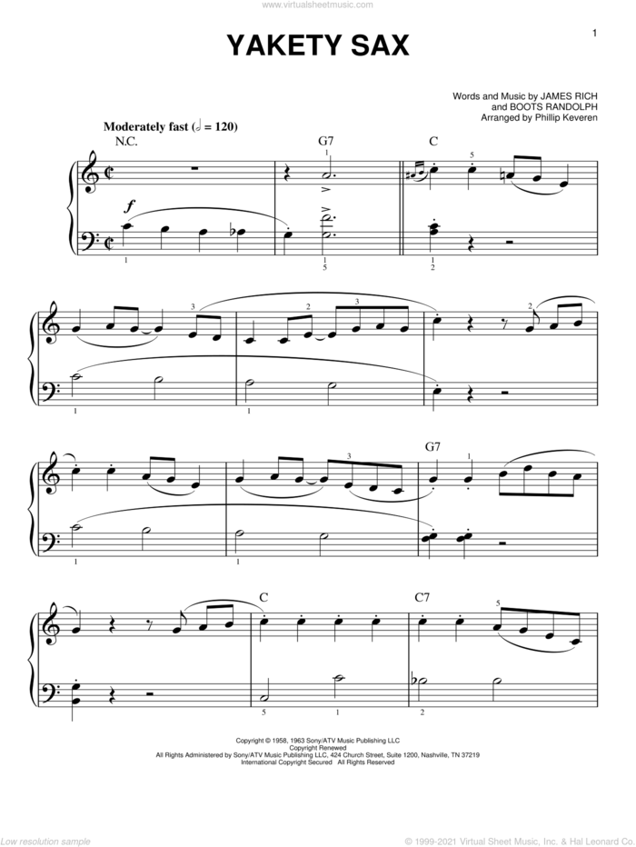 Yakety Sax (arr. Phillip Keveren) sheet music for piano solo by Boots Randolph, Phillip Keveren and James Rich, easy skill level