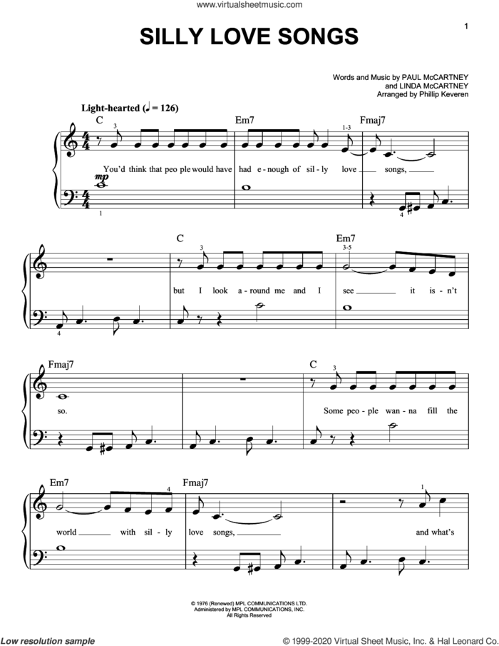 Silly Love Songs (arr. Phillip Keveren) sheet music for piano solo by Wings, Phillip Keveren, Linda McCartney and Paul McCartney, easy skill level