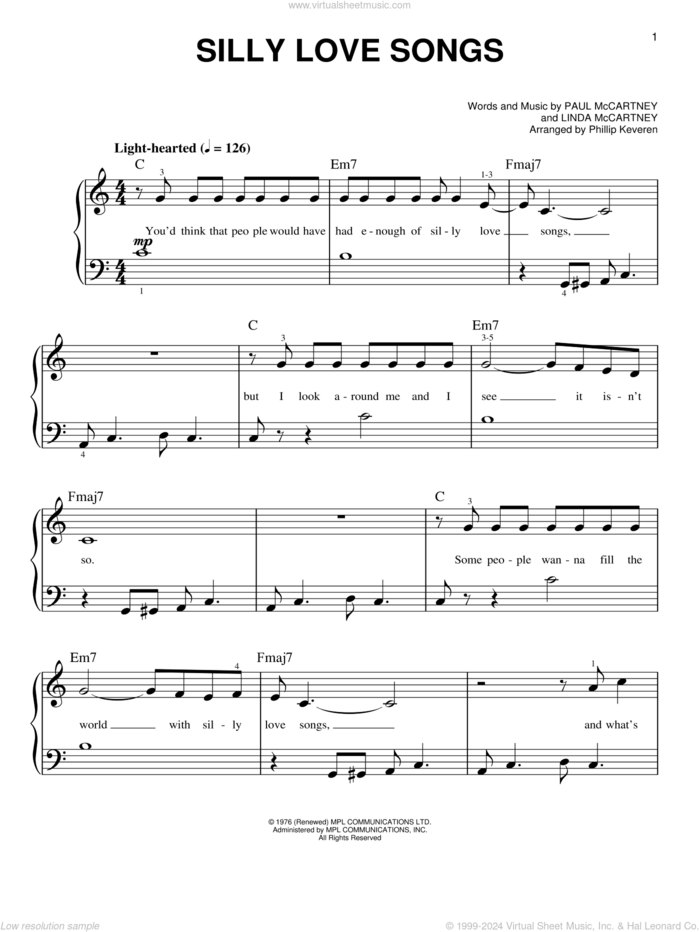 Silly Love Songs (arr. Phillip Keveren) sheet music for piano solo by Wings, Phillip Keveren, Linda McCartney and Paul McCartney, easy skill level