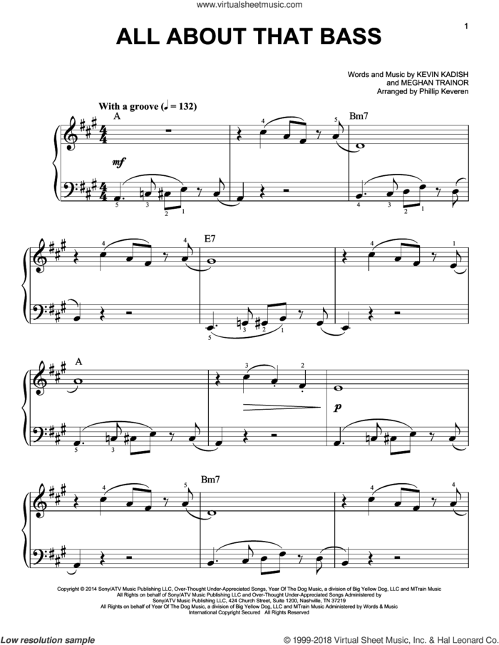 All About That Bass (arr. Phillip Keveren) sheet music for piano solo by Meghan Trainor, Phillip Keveren and Kevin Kadish, easy skill level