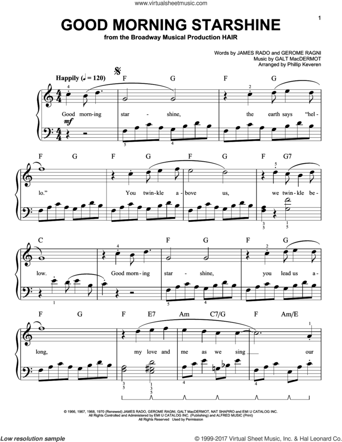 Good Morning Starshine (arr. Phillip Keveren) sheet music for piano solo by Galt MacDermot, Phillip Keveren, Gerome Ragni and James Rado, easy skill level