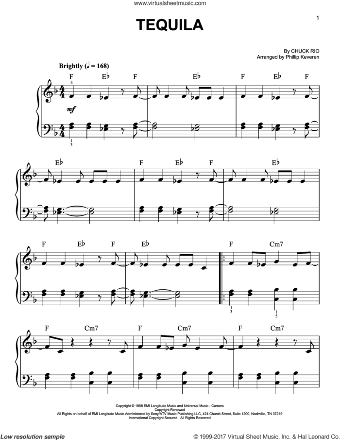Tequila (arr. Phillip Keveren) sheet music for piano solo by The Champs, Phillip Keveren and Chuck Rio, easy skill level