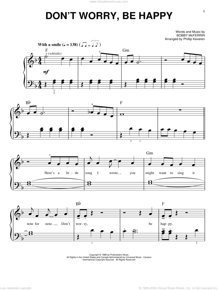 Don't Worry, Be Happy (arr. Phillip Keveren) sheet music for piano solo by Bobby McFerrin and Phillip Keveren, easy skill level