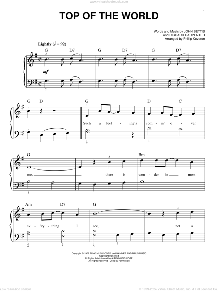 Top Of The World (arr. Phillip Keveren) sheet music for piano solo by Richard Carpenter, Phillip Keveren, Carpenters and John Bettis, easy skill level