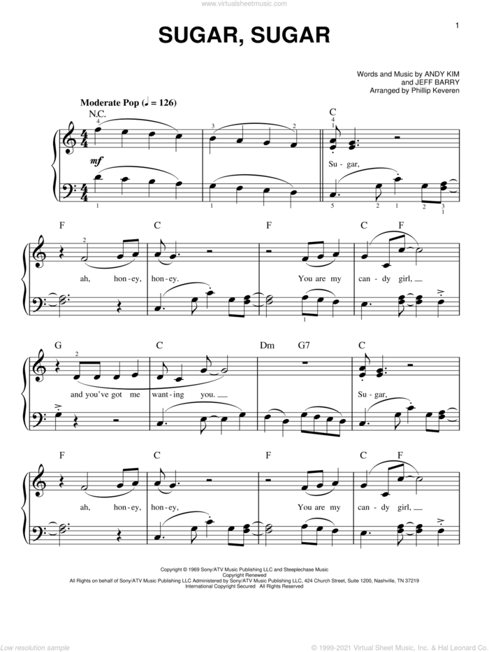 Sugar, Sugar (arr. Phillip Keveren) sheet music for piano solo by The Archies, Phillip Keveren, Wilson Pickett, Andy Kim and Jeff Barry, easy skill level